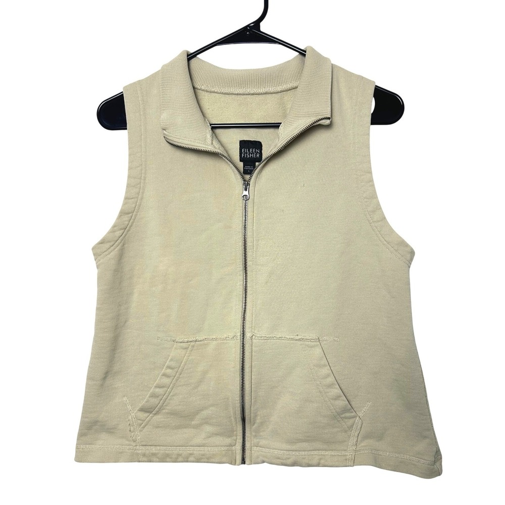 Eileen Fisher Vest Womens L Tan Full Zip Mock Neck Fleece Minimalist - AS IS